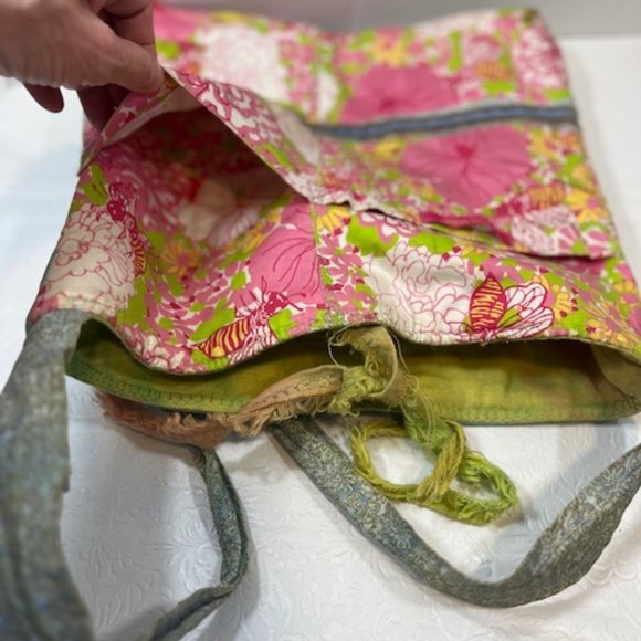 Handmade in The Keys Jean Floral Fabric Applique Girl Hobo Tote Bag Large 13x13" - Picture 8 of 15